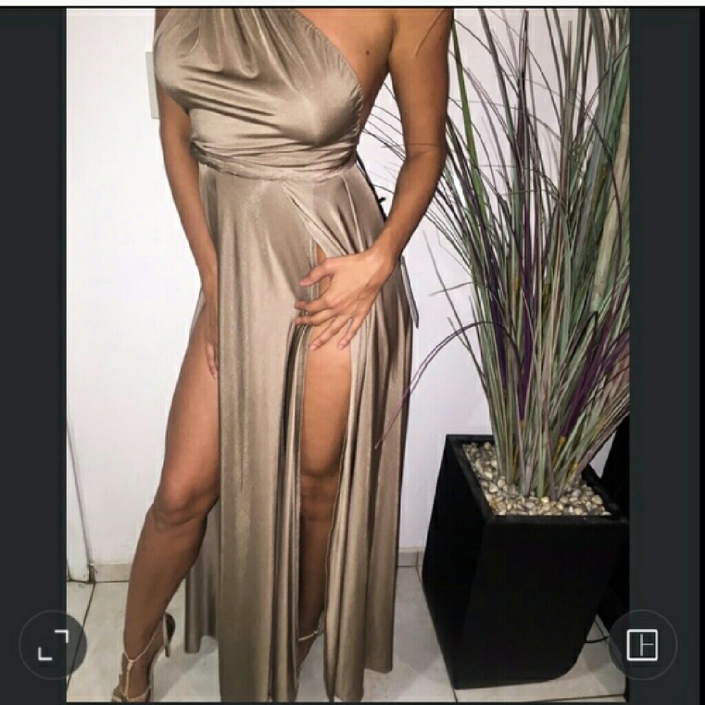 Abyss by Abby vamp gold tan maxi high slit dress 2